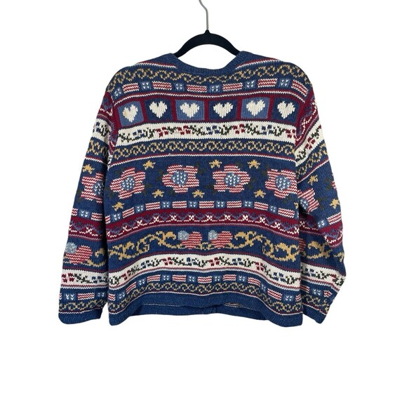 TALBOTS Hand Knit Patriotic Cardigan-Hearts & Flowers-MOP Buttons-Embroidered-PL - Picture 2 of 13